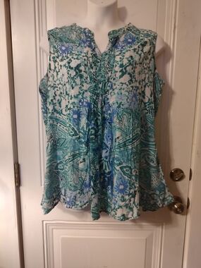 Collection ETC Sleeveless Floral Paisley Ruffle-Trim Camisole - Teal/Blue/White